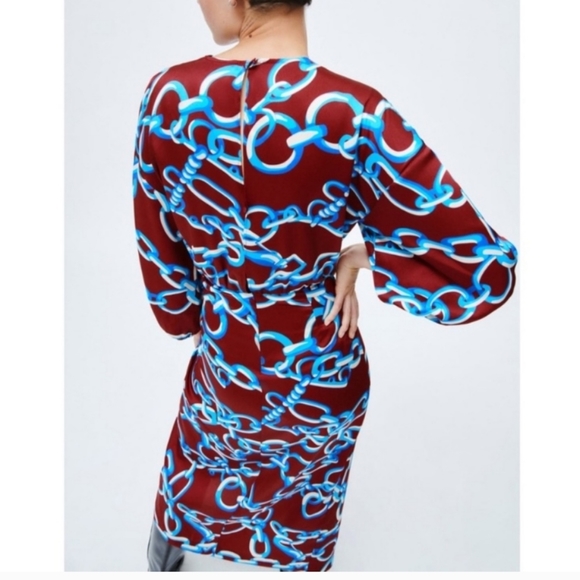 ZARA MULTICOLOURED CHAIN PRINT MIDI DRESS WITH KNOT DETAIL - Picture 11 of 11